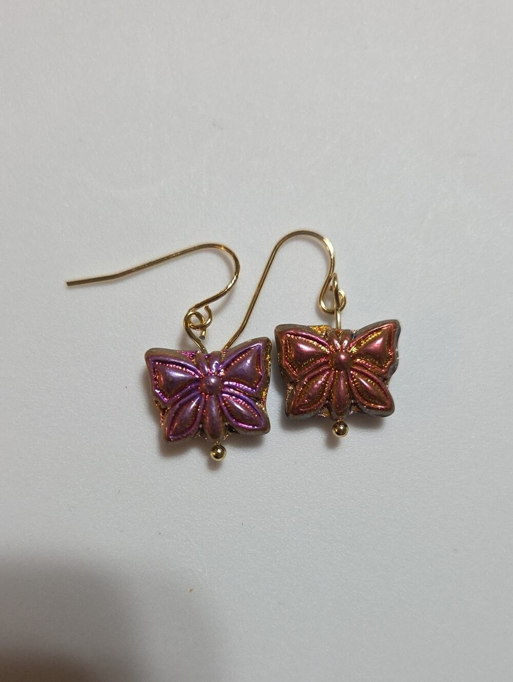 New Czech Glass Pink Orange Butterfly Dangle Earrings Gold Tone Handmade Boho